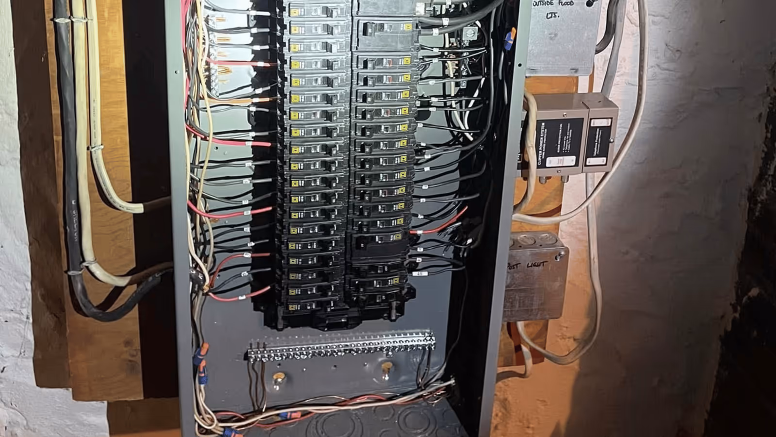Open electrical panel with rows of breakers and wiring