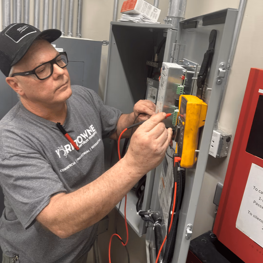 Yorktowne electrician testing a panel with a multimeter