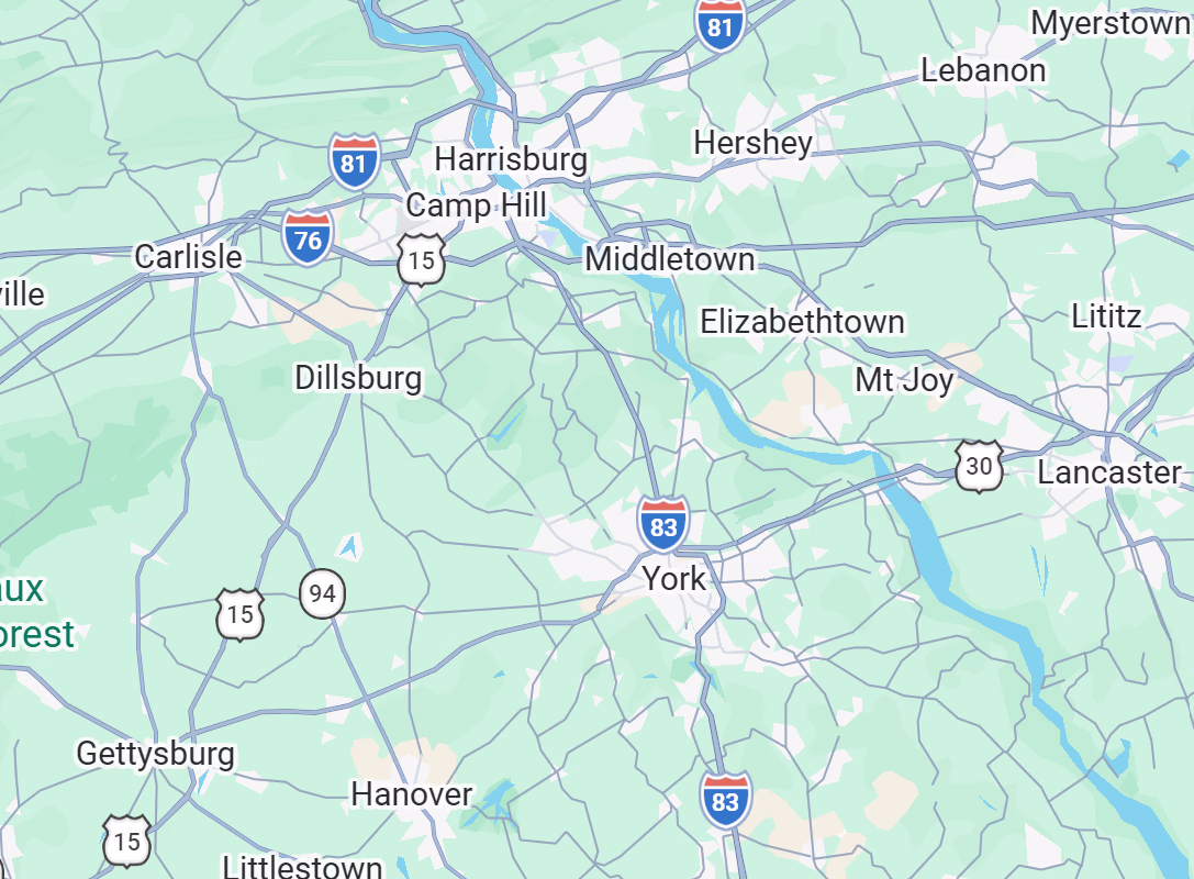 Map of Yorktowne's Central Pennsylvania HVAC service area